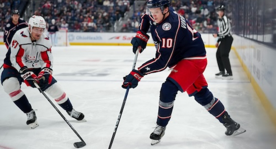 Columbus Blue Jackets forward Dmitri Voronkov (10) skates with the puck against Washington Capitals left wing Beck Malenstyn (47) in the second period at Nationwide Arena.
