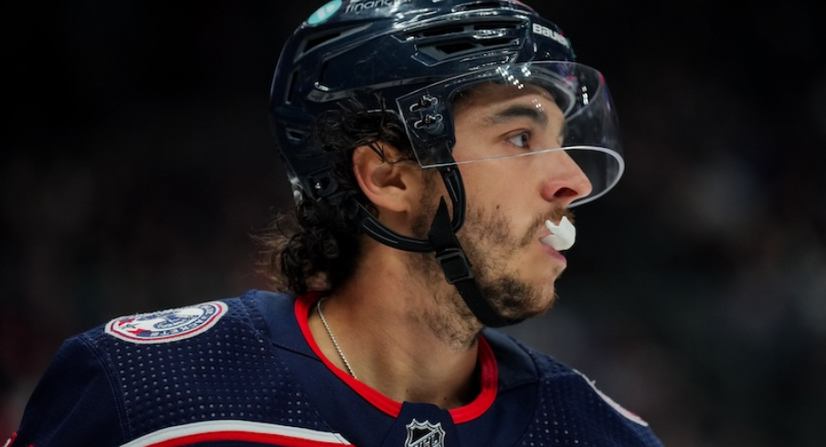 Columbus Blue Jackets' Johnny Gaudreau skates down the ice during a stop in play against the Calgary Flames in the second period at Nationwide Arena.