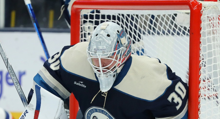 Columbus Blue Jackets goalie Spencer Martin makes a save during the first period against the New York Islanders at Nationwide Arena.