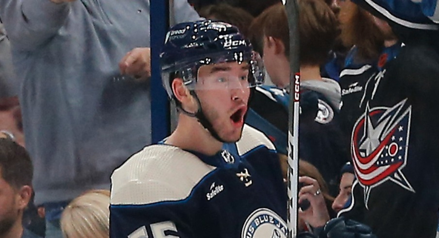 Columbus Blue Jackets defenseman David Jiricek (55) celebrates his goal against the New York Rangers during the second period at Nationwide Arena.