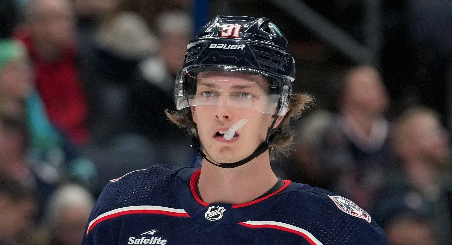 Columbus Blue Jackets center Kent Johnson (91) looks on during the first period against the Seattle Kraken at Nationwide Arena.