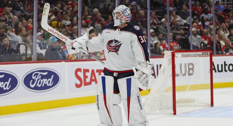 Columbus Blue Jackets' Spencer Martin reacts after a goal by Kirill Marchenko (not pictured) against the Florida Panthers during the second period at Amerant Bank Arena.