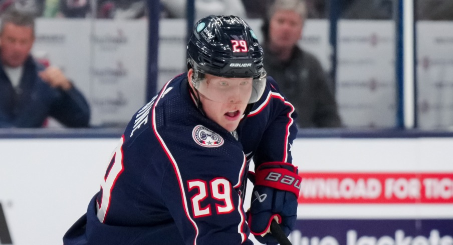 Columbus Blue Jackets right wing Patrik Laine (29) skates with the puck against the Philadelphia Flyers in the first period at Nationwide Arena.