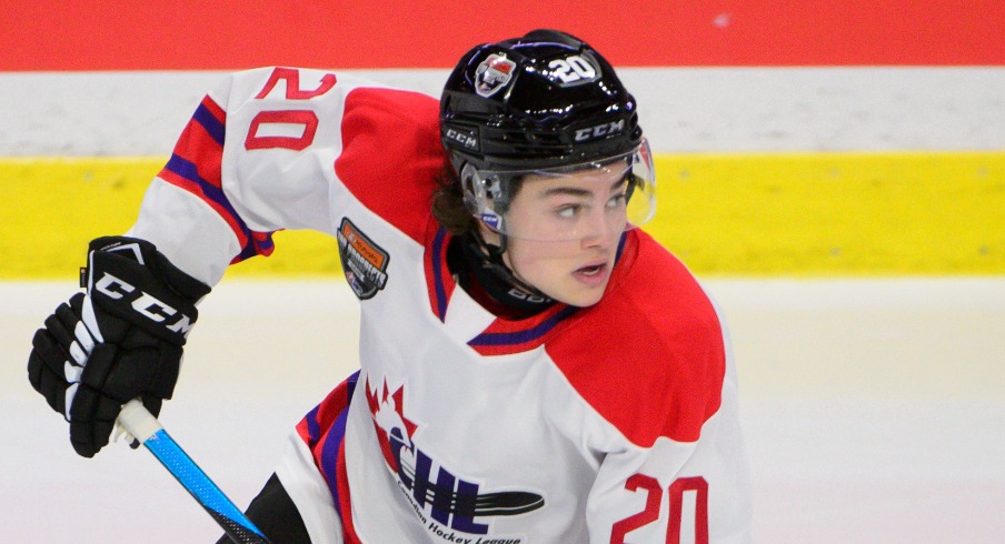 CHL Top Prospects team white forward Luca Pinelli (20) skates during the second period in the 2023 CHL Top Prospects ice hockey game at Langley Events Centre.