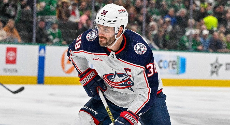 Columbus Blue Jackets center Boone Jenner (38) skates against the Dallas Stars during the third period at the American Airlines Center.