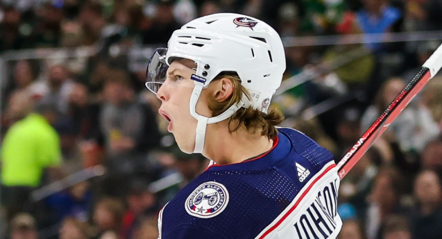 Columbus Blue Jackets center Kent Johnson (91) celebrates his goal against the Minnesota Wild during the second period at Xcel Energy Center.