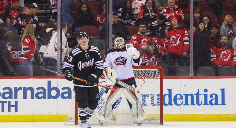 Columbus Blue Jackets' Elvis Merzlikins celebrates the Columbus Blue Jackets win over the New Jersey Devils at Prudential Center.