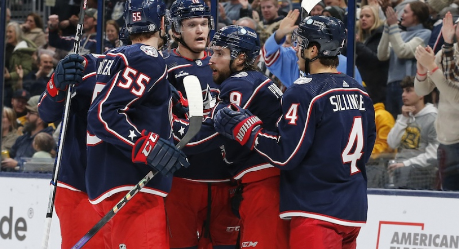 Columbus Blue Jackets' Ivan Provorov celebrates his goal against the Boston Bruins during the second period at Nationwide Arena.