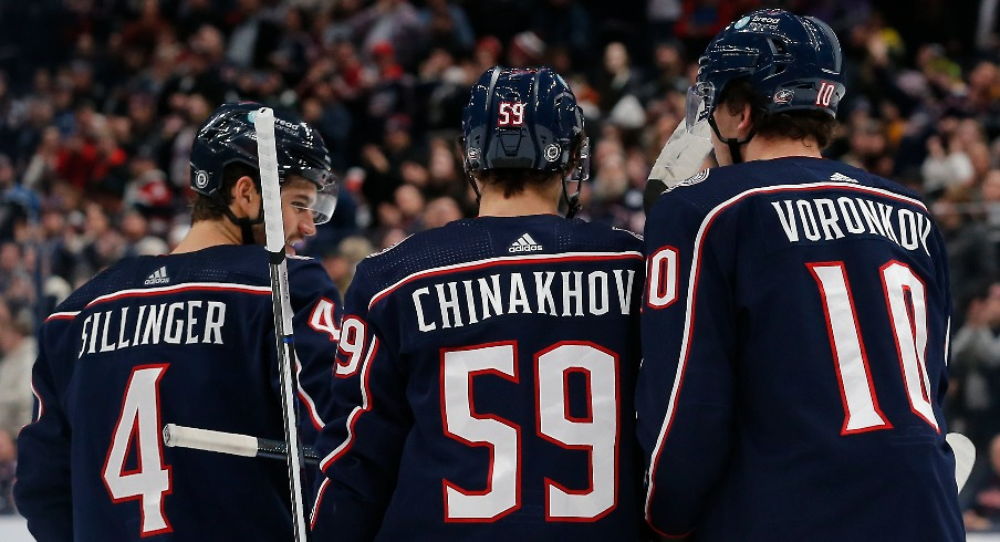 Columbus Blue Jackets left wing Dmitri Voronkov (10) celebrates his goal against the Boston Bruins during the first period at Nationwide Arena.