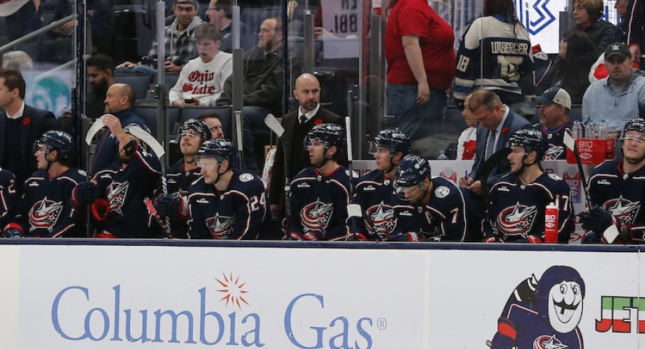 Columbus Blue Jackets head coach Pascal Vincent scans the bench during the third period against the Dallas Stars at Nationwide Arena.