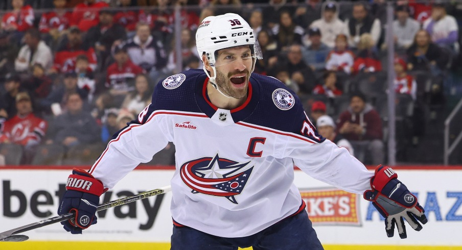 Columbus Blue Jackets center Boone Jenner (38) celebrates his goal against the New Jersey Devils during the first period at Prudential Center.