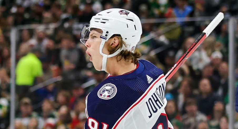 Columbus Blue Jackets center Kent Johnson (91) celebrates his goal against the Minnesota Wild during the second period at Xcel Energy Center.