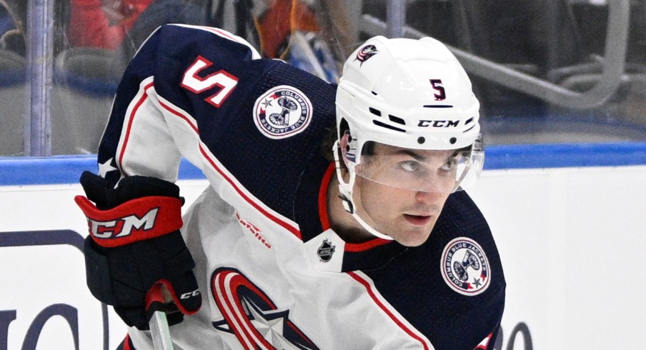 Columbus Blue Jackets defenseman Denton Mateychuk (5) skates against the St. Louis Blues during the second period at Enterprise Center.