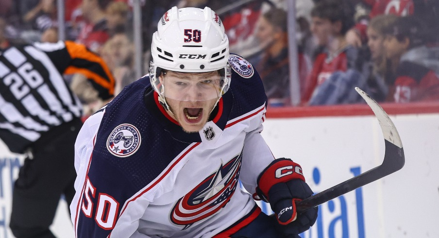 Columbus Blue Jackets left wing Eric Robinson (50) celebrates his goal against the New Jersey Devils during the first period at Prudential Center.