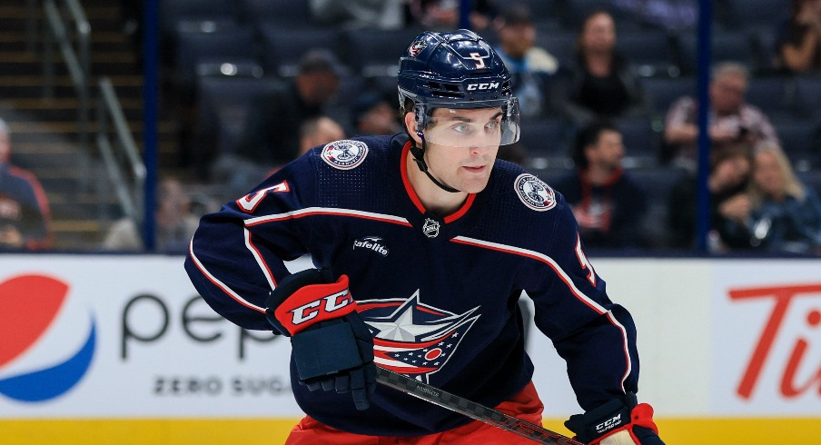 Columbus Blue Jackets defenseman Denton Mateychuk (5) skates against the Buffalo Sabres in the third period at Nationwide Arena.