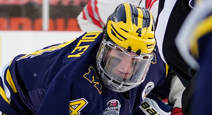 Michigan Wolverines forward Gavin Brindley (4) fights for the puck in front of forward Adam Fantilli (19) during the Faceoff on the Lake outdoor NCAA men s hockey game against the Ohio State Buckeyes at FirstEnergy Stadium.