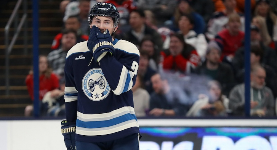 Columbus Blue Jackets' Zach Werenski reacts to a missed shot during the first period against the New Jersey Devils at Nationwide Arena.