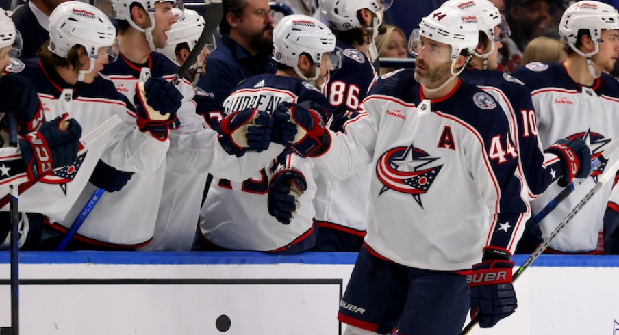 Columbus Blue Jackets' Erik Gudbranson celebrates his goal with teammates during the second period against the Buffalo Sabres at KeyBank Center.