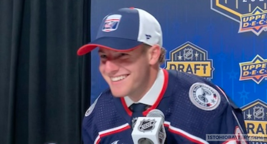 Gavin Brindley speaks to the media after being selected by the Columbus Blue Jackets with the 34th overall pick in the 2023 NHL Draft.