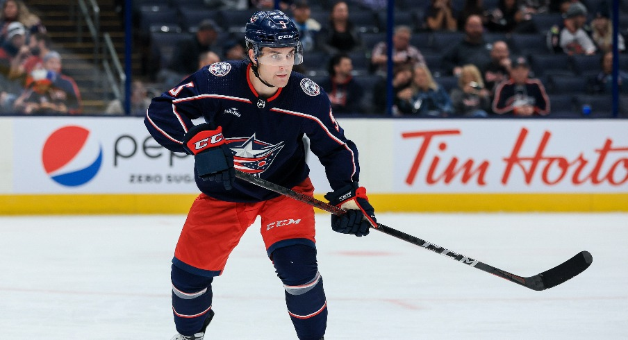 Columbus Blue Jackets defenseman Denton Mateychuk (5) skates against the Buffalo Sabres in the third period at Nationwide Arena.