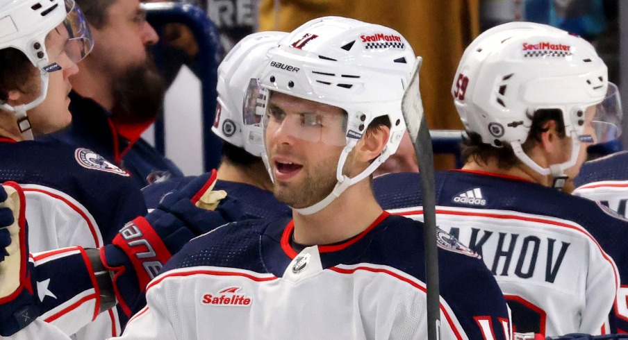 Columbus Blue Jackets center Adam Fantilli (11) celebrates his goal with teammates during the second period against the Buffalo Sabres at KeyBank Center.