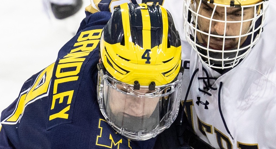 Michigan forward Gavin Brindley (4) and Notre Dame forward Niko Jovanovic (20) battle for position during the Michigan-Notre Dame NCAA hockey game on Saturday, November 12, 2022, at Compton Family Ice Arena in South Bend, Indiana. Michigan Vs Notre Dame