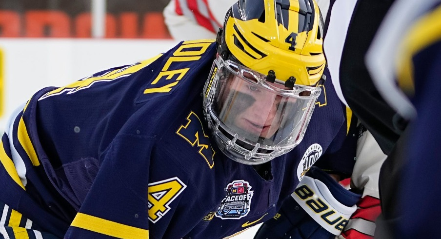 Michigan Wolverines forward Gavin Brindley (4) fights for the puck in front of forward Adam Fantilli (19) during the Faceoff on the Lake outdoor NCAA men s hockey game against the Ohio State Buckeyes at FirstEnergy Stadium.