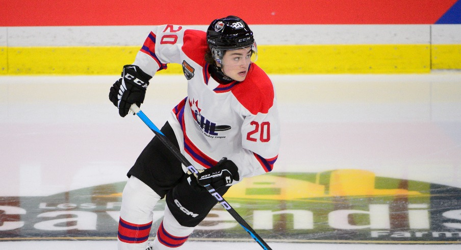 CHL Top Prospects team white forward Luca Pinelli (20) skates during the second period in the 2023 CHL Top Prospects ice hockey game at Langley Events Centre.