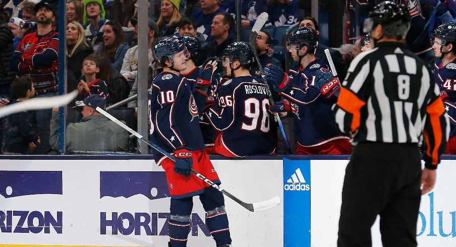 Columbus Blue Jackets left wing Dmitri Voronkov (10) celebrates his goal against the Toronto Maple Leafs during the second period at Nationwide Arena.