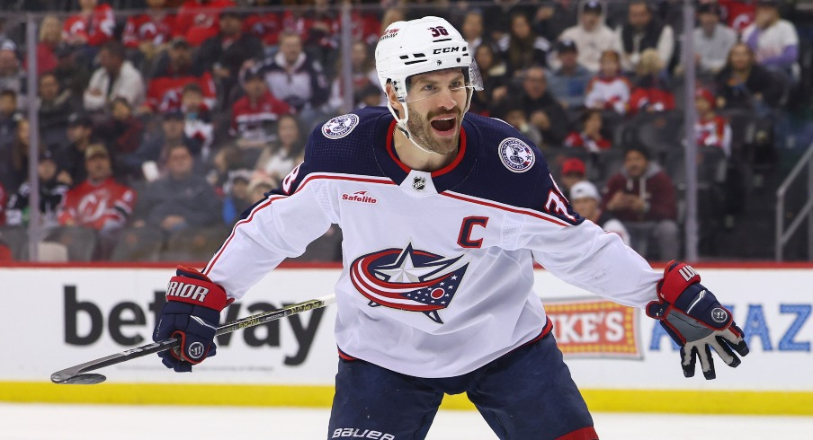 Columbus Blue Jackets center Boone Jenner (38) celebrates his goal against the New Jersey Devils during the first period at Prudential Center.