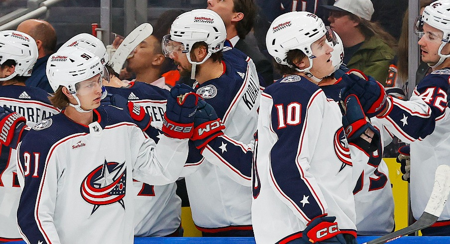 The Columbus Blue Jacket celebrate a goal scored by forward Dmitri Voronkov (10) during the first period against the Edmonton Oilers at Rogers Place.