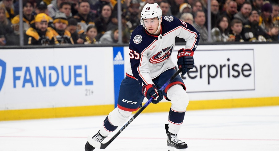 Columbus Blue Jackets defenseman David Jiricek (55) controls the puck during the second period against the Boston Bruins at TD Garden.