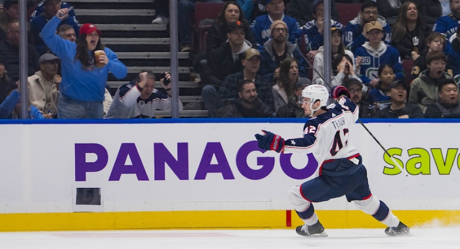 Columbus Blue Jackets' Alexandre Texier celebrates his goal against the Vancouver Canucks in the second period at Rogers Arena.