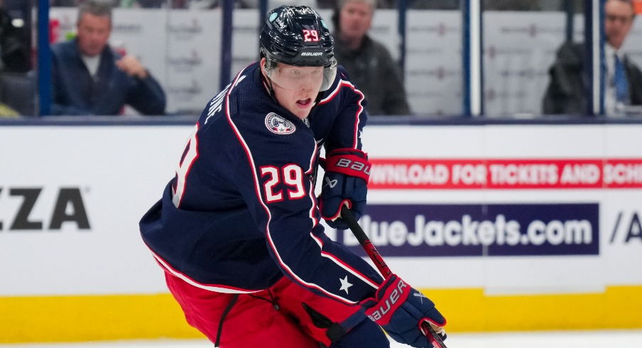 Columbus Blue Jackets right wing Patrik Laine (29) skates with the puck against the Philadelphia Flyers in the first period at Nationwide Arena.