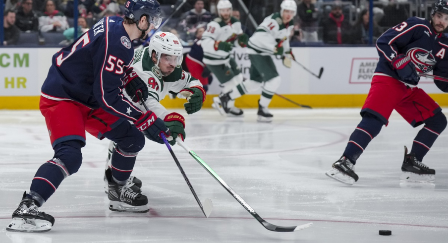 Columbus Blue Jackets defenseman David Jiricek skates against the Minnesota Wild