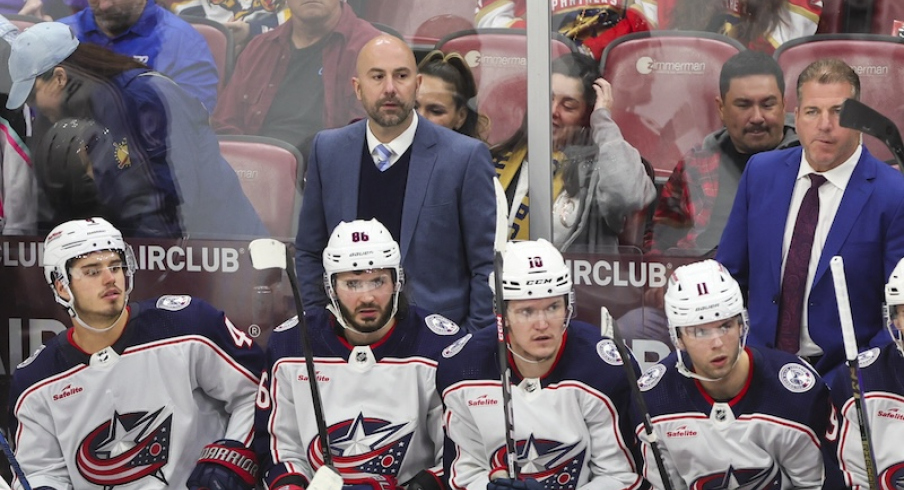 Columbus Blue Jackets head coach Pascal Vincent looks on from the bench against the Florida Panthers during the third period at Amerant Bank Arena.
