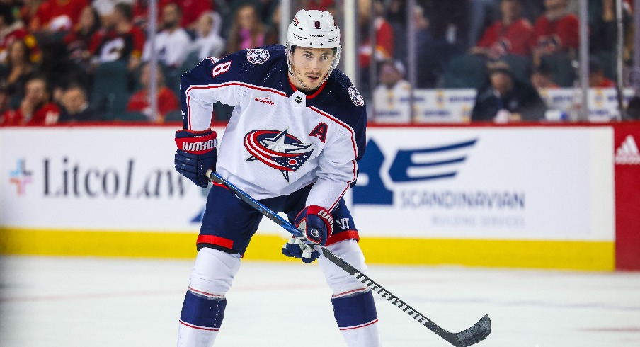 Columbus Blue Jackets defenseman Zach Werenski (8) against the Calgary Flames during the second period at Scotiabank Saddledome.