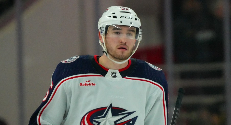 Columbus Blue Jackets defensemen David Jiricek (55) looks on against the Carolina Hurricanes during the third period at PNC Arena.