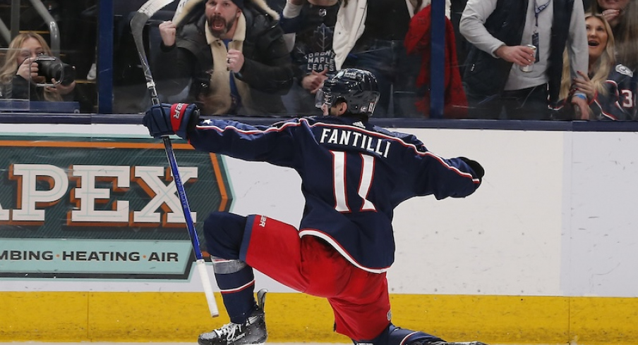 Columbus Blue Jackets' Adam Fantilli celebrates his goal against the Toronto Maple Leafs during the third period at Nationwide Arena.