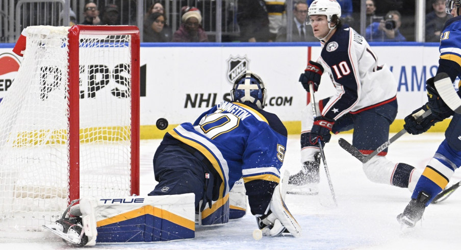 Dmitri Voronkov scores a goal against the St. Louis Blues