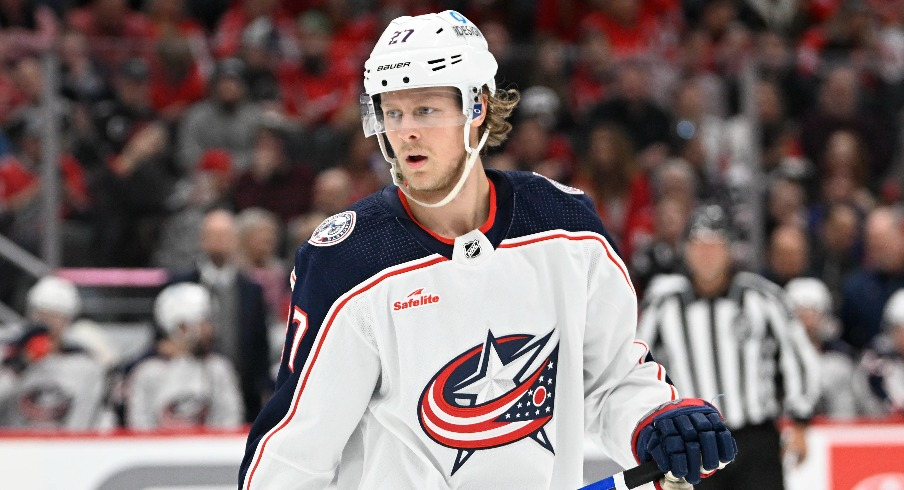 Columbus Blue Jackets defenseman Adam Boqvist (27) on the ice against the Washington Capitals during the second period at Capital One Arena.