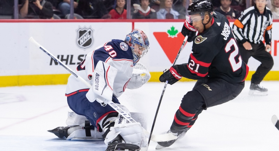 Columbus Blue Jackets' Daniil Tarasov makes a save on a shot from Ottawa Senators' Mathieu Joseph in the first period at the Canadian Tire Centre.