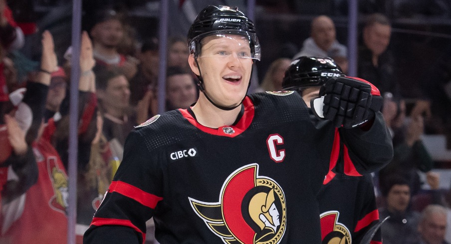 Ottawa Senators left wing Brady Tkachuk (7) celebrates his goal scored in the first period against the Columbus Blue Jackets at the Canadian Tire Centre.