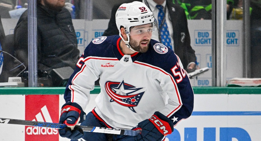 Columbus Blue Jackets right wing Emil Bemstrom (52) in action during the game between the Dallas Stars and the Columbus Blue Jackets at American Airlines Center.