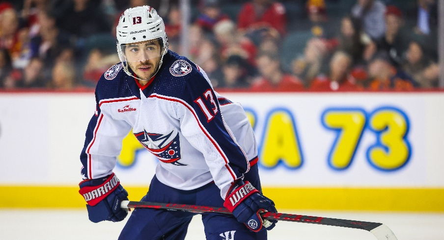 Columbus Blue Jackets left wing Johnny Gaudreau (13) against the Calgary Flames during the second period at Scotiabank Saddledome.