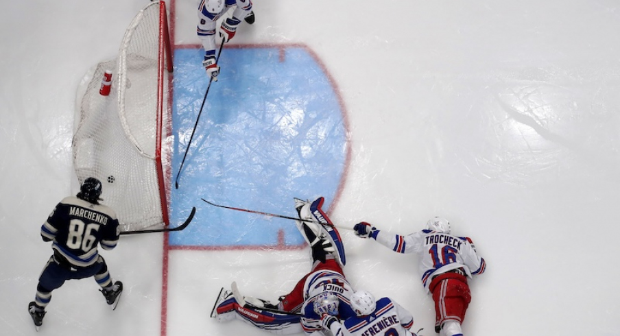 Columbus Blue Jackets' Kirill Marchenko scores a goal during the second period at Nationwide Arena.