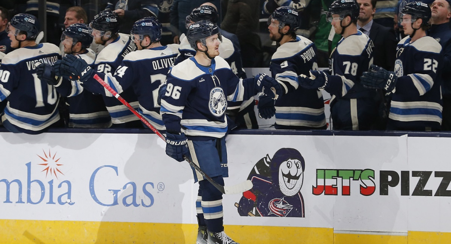 Jack Roslovic celebrates his goal against the New York Rangers