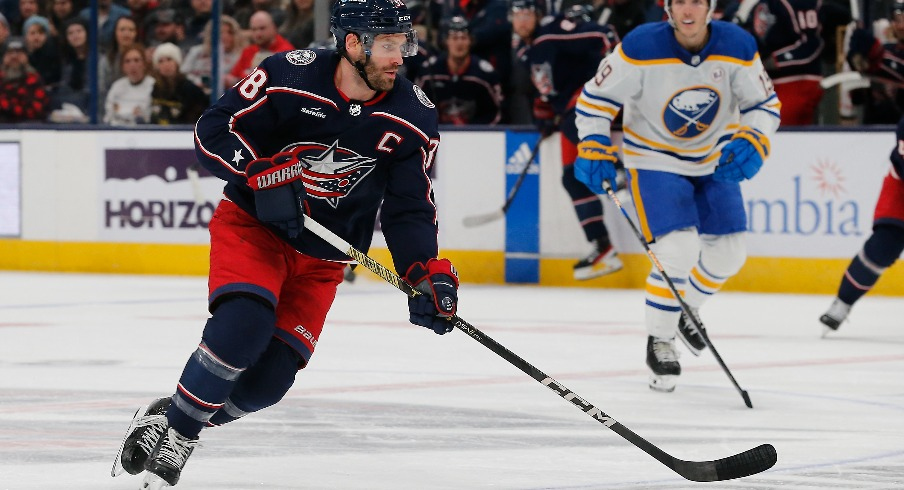 Columbus Blue Jackets center Boone Jenner (38) carries the puck against the Buffalo Sabres during the first period at Nationwide Arena.