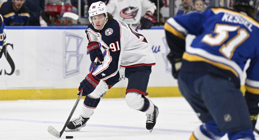 Kent Johnson skates against the St. Louis Blues 