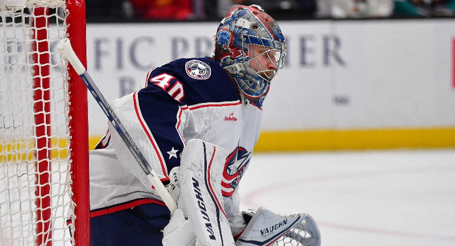 Columbus Blue Jackets goaltender Daniil Tarasov (40) defends the goal against the Anaheim Ducks during the first period at Honda Center.